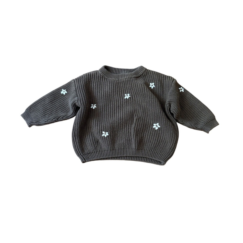 Baby Sweater Kids Brown Floral Embroidered Knit Pullover SIZE 3-6M